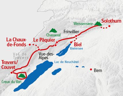 Karte: Jura-Höhenweg, Solothurn - Couvet
