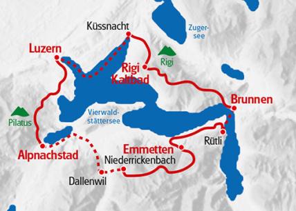 Karte: Wanderferien Rundtour Vierwaldstättersee Luzern - Luzern