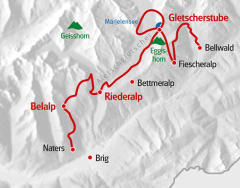 Karte Aletsch Panoramaweg Wallis mit Gletscherführung Karte Aletsch Panoramaweg Wallis mit Gletscherführung